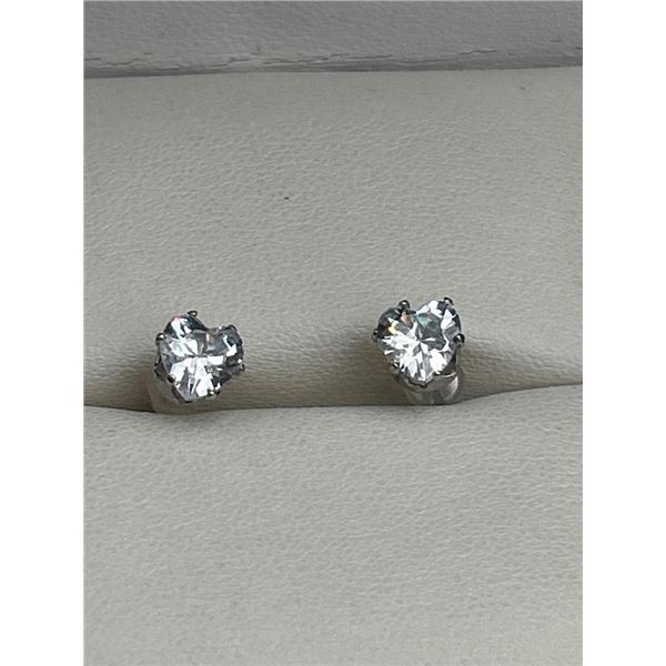 Pair of Sterling Silver Stud Earrings with Heart-Shaped Clear Stones