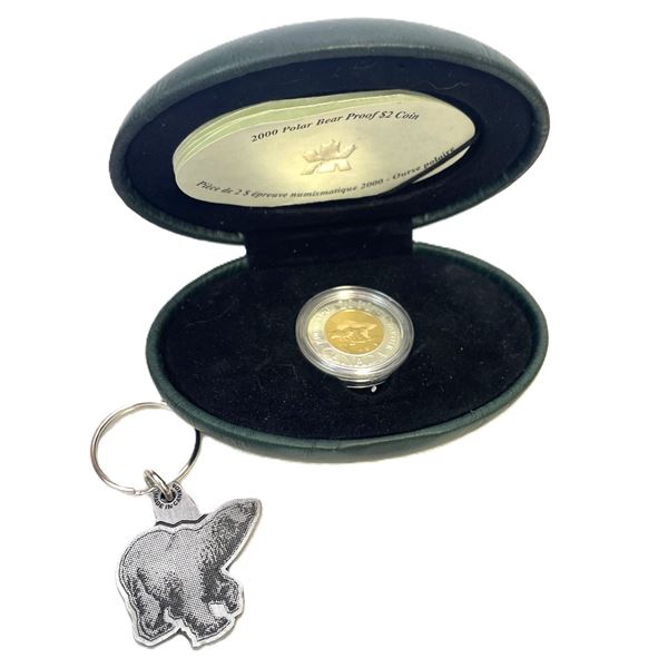 Sterling Silver, Year 2000 Polar Bear Proof Two Dollar Coin in Case with Keychain