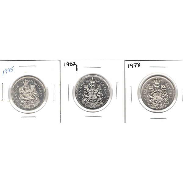 Set of three Canadian 50 Cent Coins, 1978, 1982 and 1985