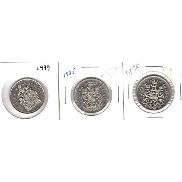 Set of three Canadian 50 Cent Coins, 1978, 1985 and 1999