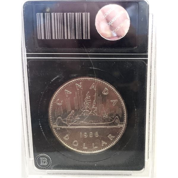 1986 Silver Voyageur Canadian Dollar, GRADED Brilliant Uncirculated