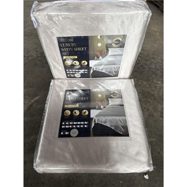 2 NEW QUEENSIZE 4PC LUXURY SATIN SHEET SETS, TAUPE