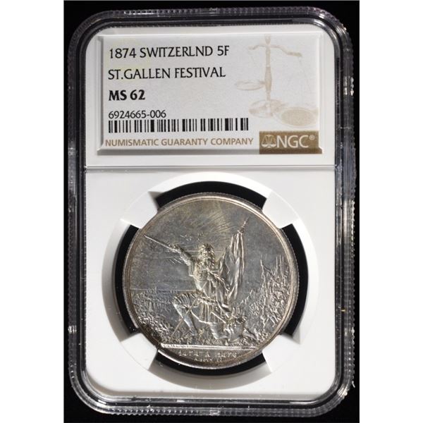1874 SWITZERLAND 5F ST. GALLEN NGC MS-62