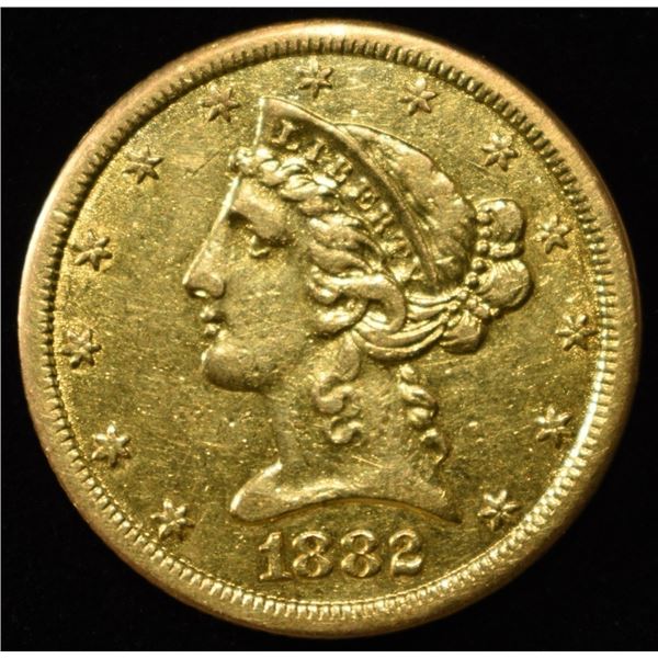 1882-CC  LIBERTY GOLD $5 AU/BU