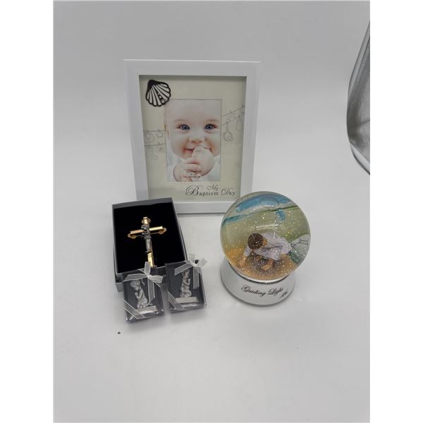 Baptism Set - Baptism Frame, Guilding Light Snow globe, Cross & mini ornaments