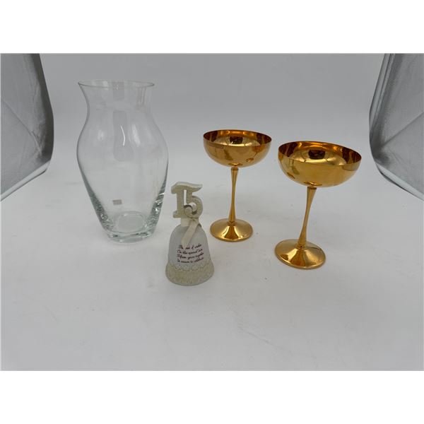 Vase, 2 Gold-washed goblets, 15 year Anniversary Bell Ornament