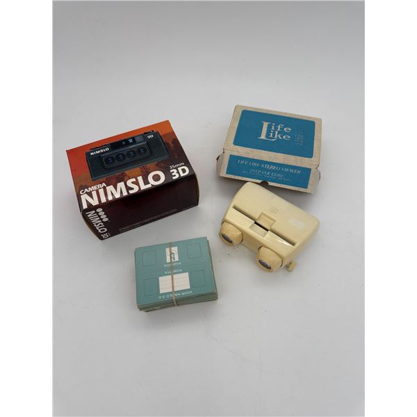 Nimslo 3D Camera with Cardboard Slide Holders and Life Like Stereo Viewer