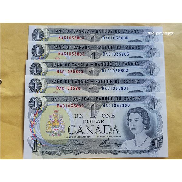Lot of 5 1973 Consecutive 1973 $1 Dollar Bills - Uncirculated BAC1035800 - BAC1035804
