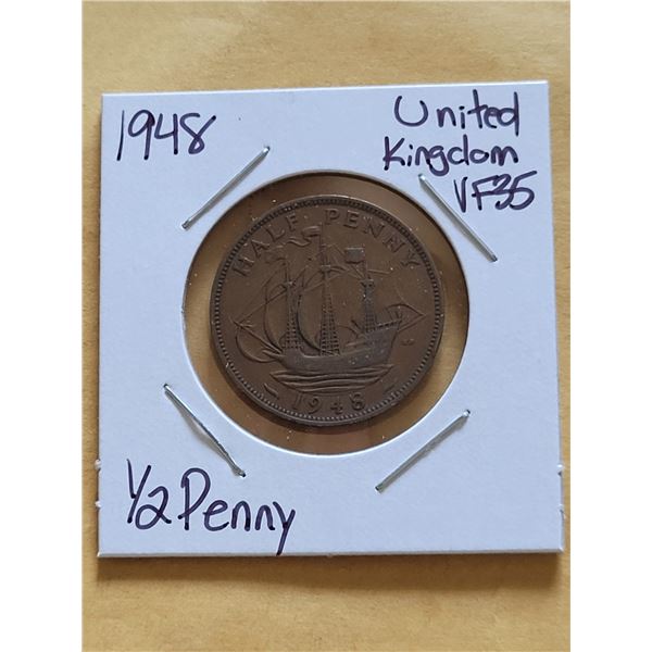 1948 United Kingdom 1/2 Penny VF-35