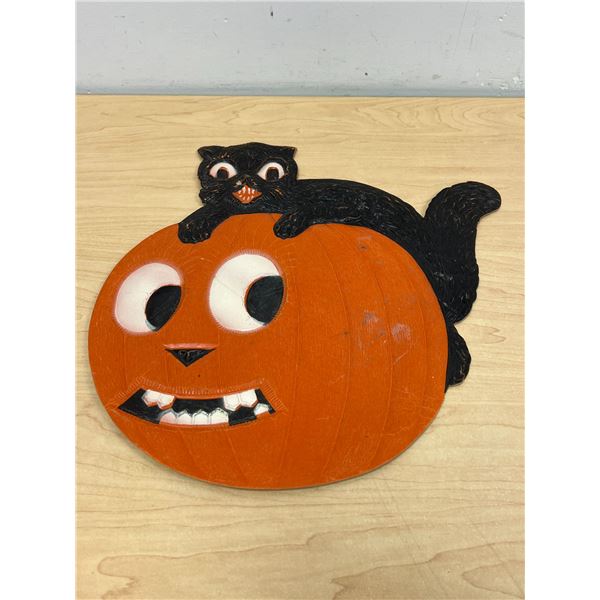 Old German Die Cut Cardboard Halloween Decoration With Pumpkin & Black Cat 14.25"