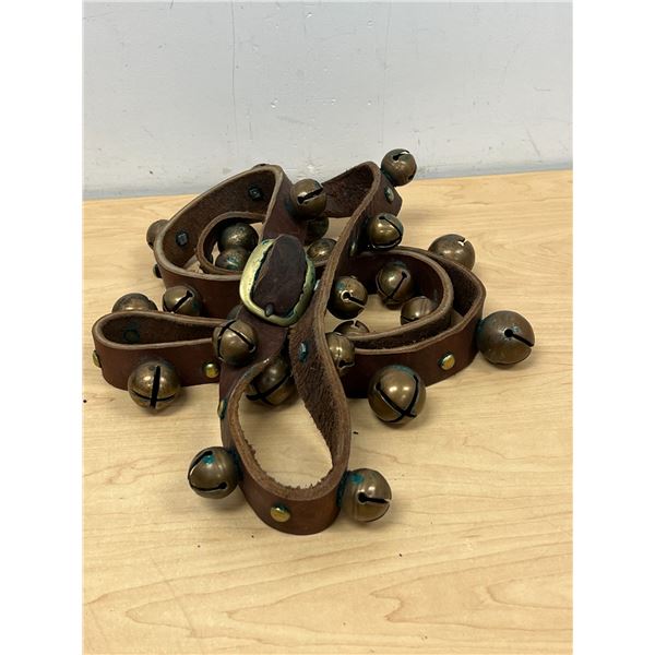 Several Vintage Sleigh Bells on Leather Strap - Approx 90" total length