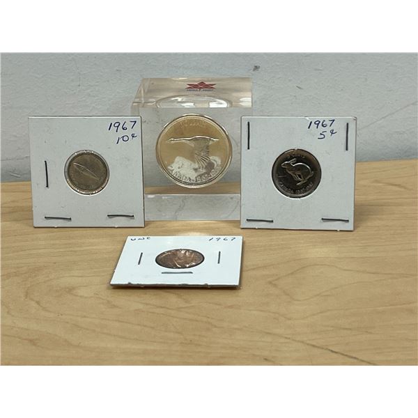 1967 Canada Silver Dollar / Silver 10 Cents / 5 Cents / 1 Cent Coins - see all photos