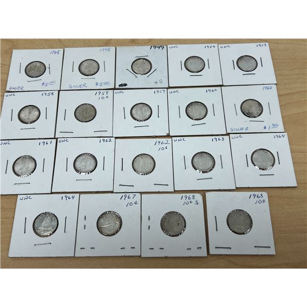 Lot of 19 Silver Canada 10 Cents Coins Dimes - see all photos