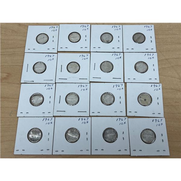 Lot of 16 Silver 1967 Canada 10 Cents Coins Dimes - see all photos