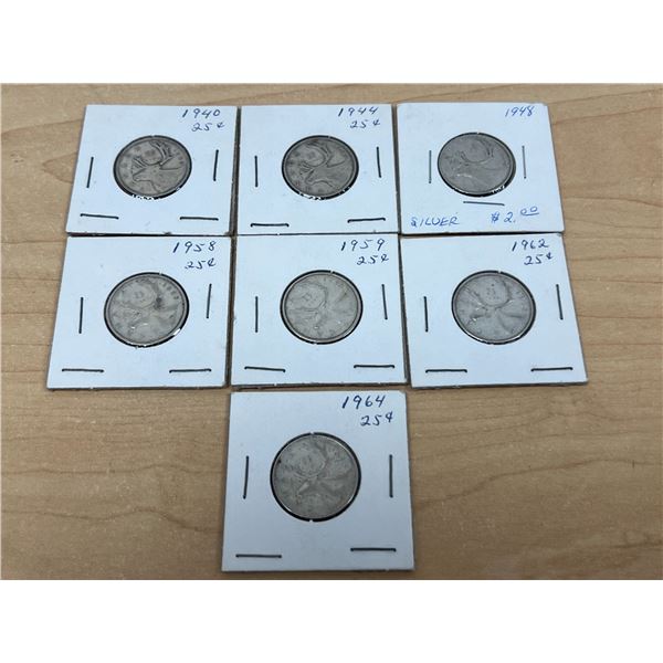 Lot of 7 Silver Canada 25 Cents Coins Quarters - see all photos