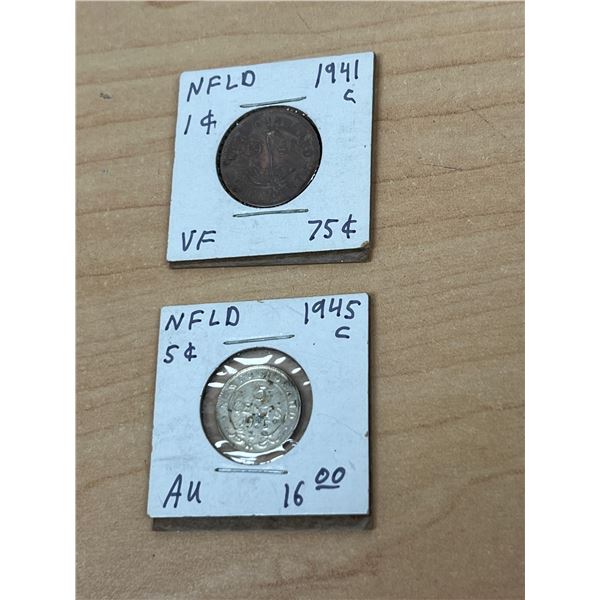 Newfoundland 1941 One Cent & 1945 Five Cents Coins - see all photos