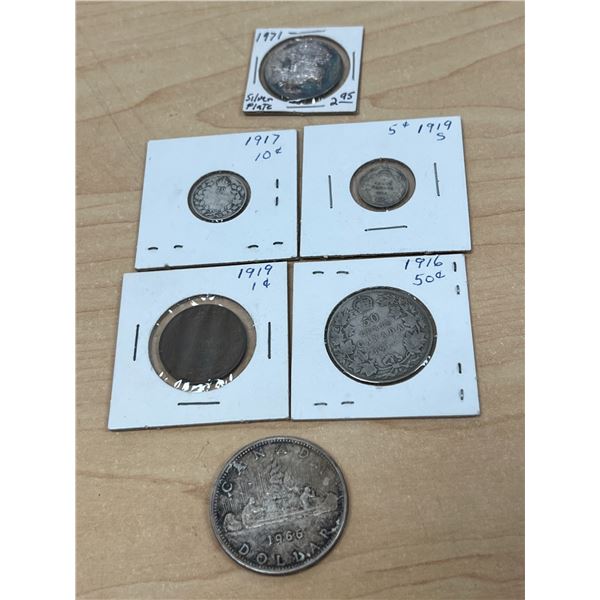 6 Canadian Coins 1966 Dollar / 1917 Ten Cents / 1919 Five Cents / 1919 One Cent plus