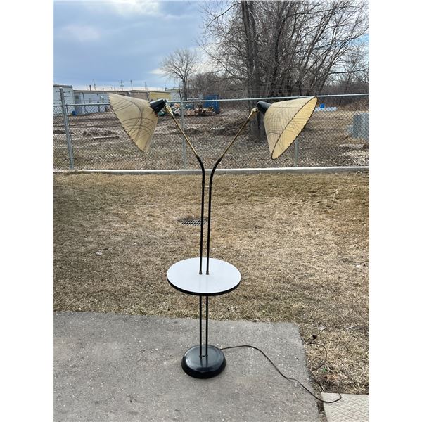 Vintage Fiberglass Shade Adjustable Dual Floor Lamp / Side Table - Works - see photos