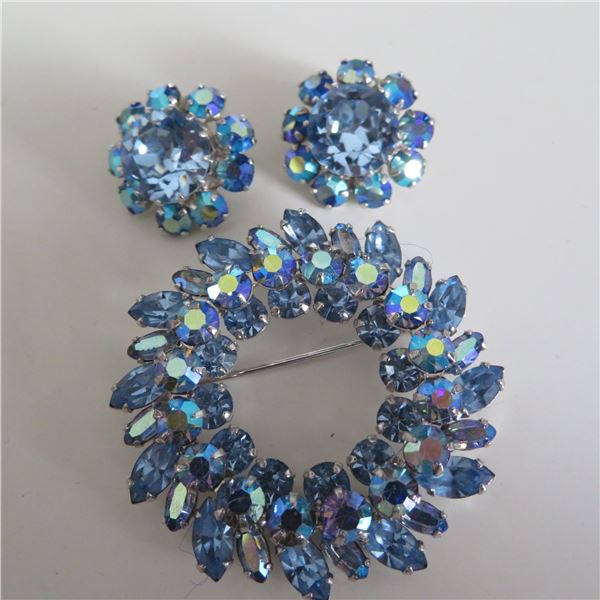 SHERMAN brooch and clip on earrings set.  Stunning blue coloured stones