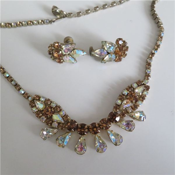 SHERMAN necklace with matching clip on earrings.  Beautiful Amber and irridescent coloured stones.