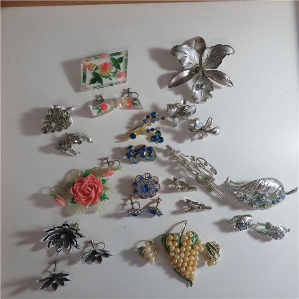 Vintage brooches with matching clip on earrings - lot of 10.  Beautiful