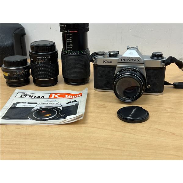 Asahi Pentax K 1000 Camera / extra Lenses / manual & case - see all photos, not tested