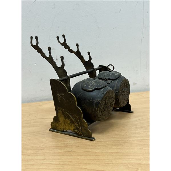 Antique Brass Dual Ink Well Pen Holder - Approx: 5.25"W 5.5"T