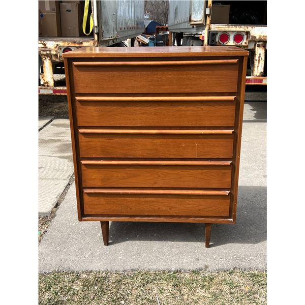 Mid Century Satin Walnut 5 Drawer Tallboy - Approx: 36x18 & 44.25"T (see all photos)
