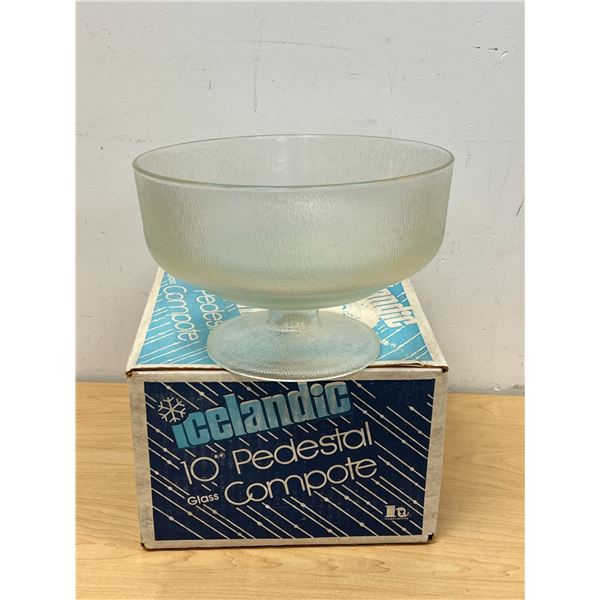 Icelandic 10" Pedestal Textured Glass Compote with original box 6.75"T