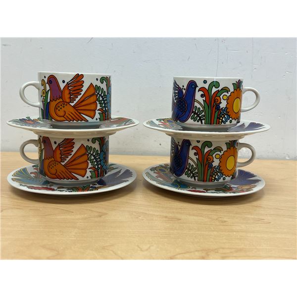 4 Retro Birds / Flowers Tea or Coffee Cups with Saucers