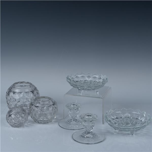7pc Fostoria American Clear Glass Candle Holders and Bowls