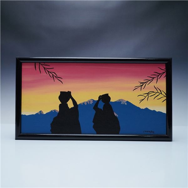 Framed Canvas Silhouette Painting of Figures, A Warm Day