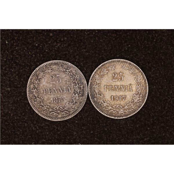 1875 & 1917 FINLAND SILVER 25 PENNIA .0614 OZ. ASW