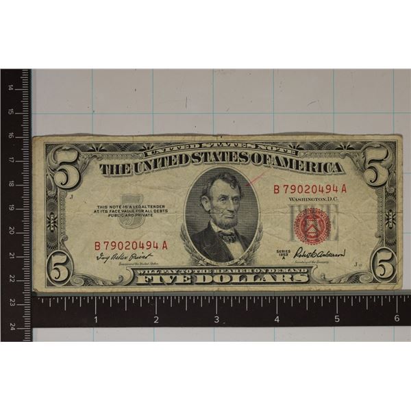 1953-A US $5 RED SEAL NOTE WITH SMALL PINK INK