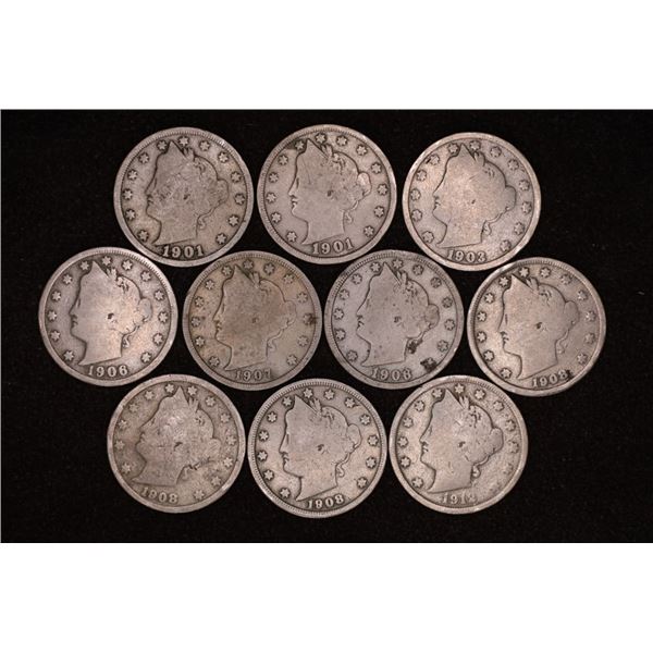 10 ASSORTED LIBERTY "V" NICKELS 1901-1912
