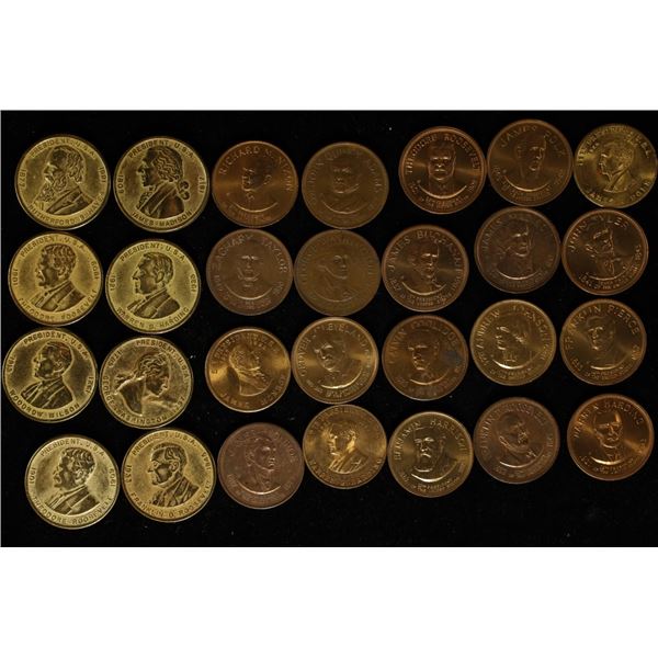 28 ASSORTED METAL PRESIDENTIAL TOKENS: 1"