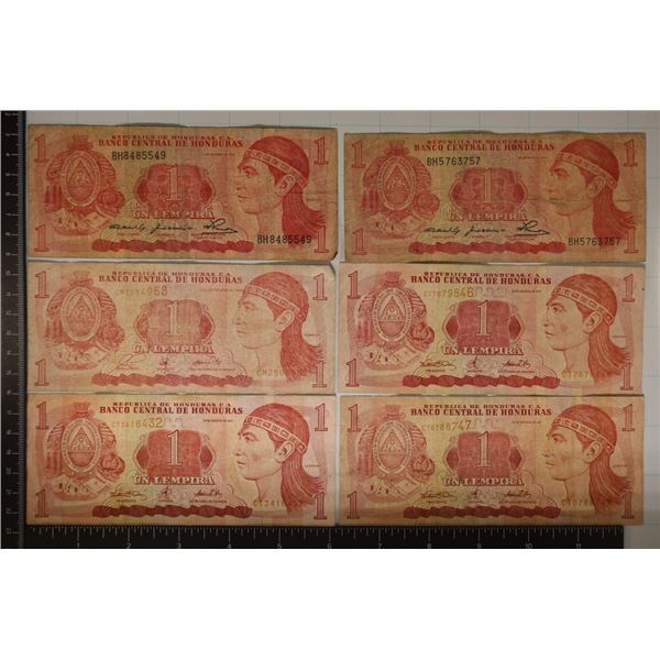 6-HONDURAS 1 LEMPIRA BILLS:N 2-1980, 1-1998 &