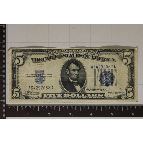1934 US $5 SILVER CERTIFICATE BLUE SEAL SMALL