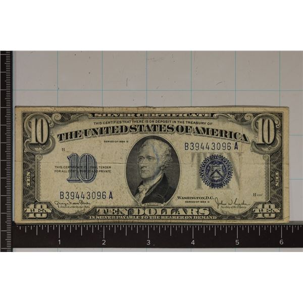 1934-D US $10 SILVER CERTIFICATE BLUE SEAL