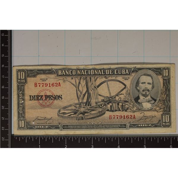 1956 CUBA 10 PESO BILL WITH "CARLOS MANUEL DE