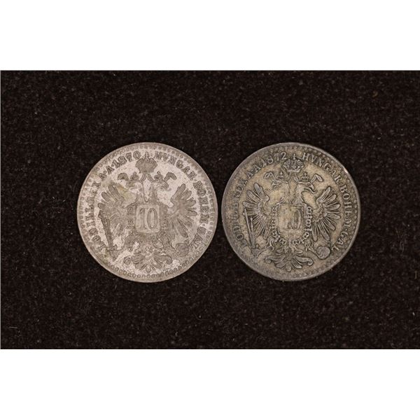 1870 & 1872 AUSTRIA SILVER 10 KRUEZERS .0434