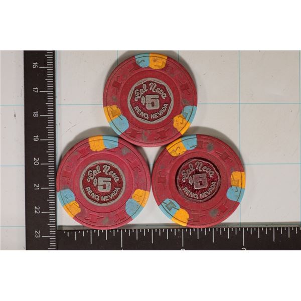 3-$5 CAL NEVA PLASTIC CASINO CHIPS RENO NEVADA
