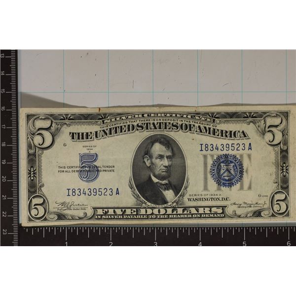 1934-A US $5 SILVER CERTIFICATE BLUE SEAL