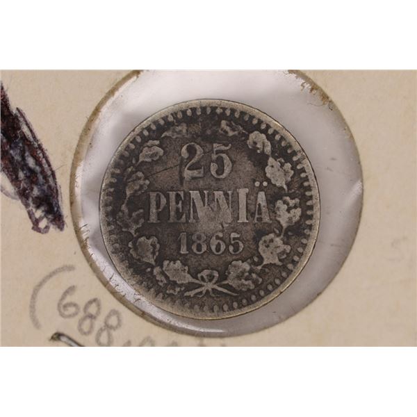 1865-S FINLAND SILVER 25 PENNIA .0307 OZ. ASW