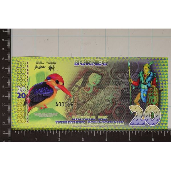 2014 BORNEO CRISP UNC POLYMER 20 FRANCS BILL