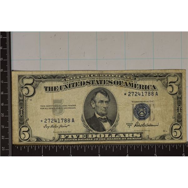 STAR NOTE 1953A US $5 SILVER CERTIFICATE BLUE SEAL