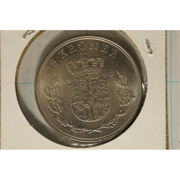 1964 DENMARK SILVER UNC 5 KRONER .4372 OZ. ASW