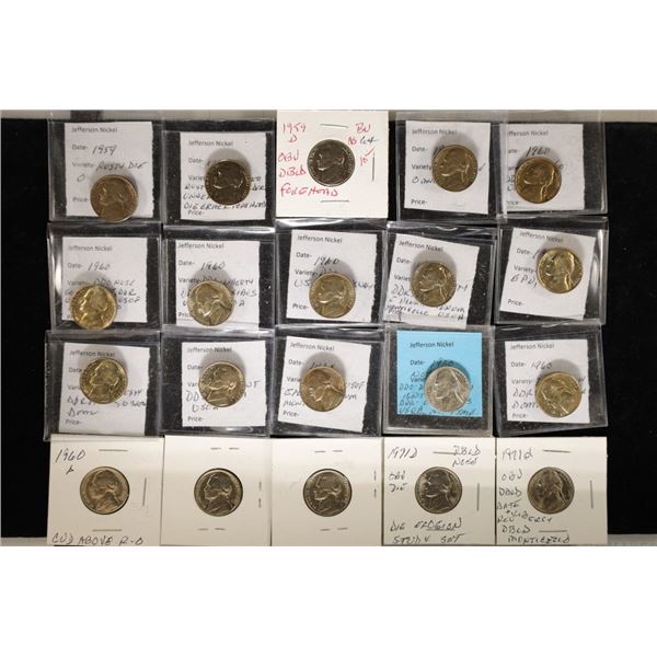 20-JEFFERSON NICKEL ERROR COINS: 4-1959, 12-1960