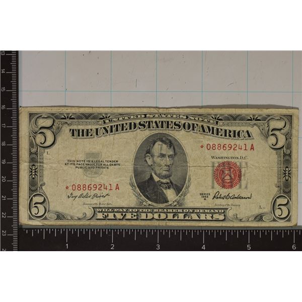 STAR NOTE US $5 RED SEAL NOTE
