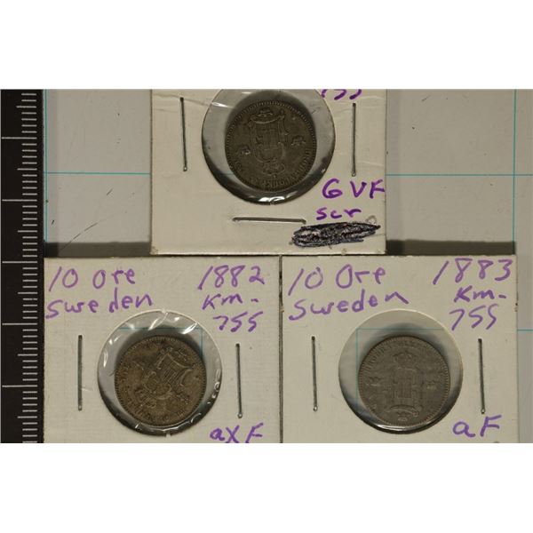 1881, 1882 & 1883 SWEDEN SILVER 10 ORE .0558